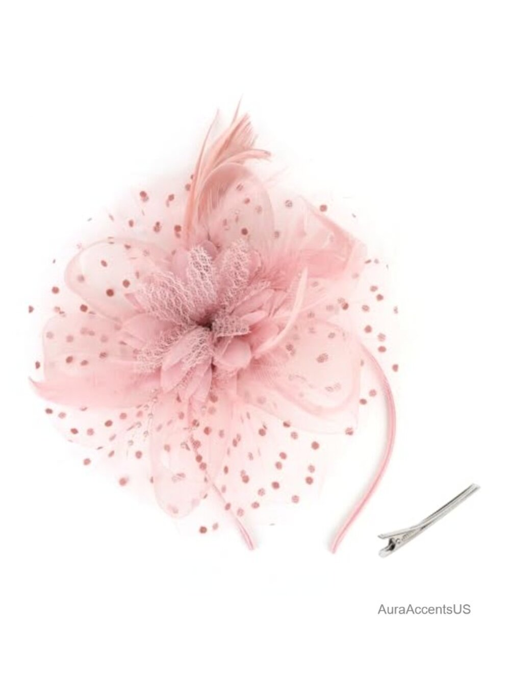 Polka Dot Mesh Flower Feather Fascinator Hair Clip for Derby Tea Party